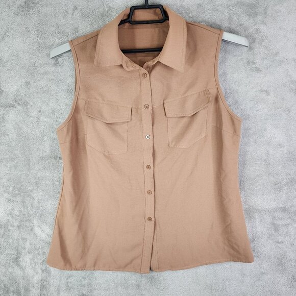 Women's Brown Shirt Top Button-Up Sleeveless 100% Polyester Pockets Size XL - Picture 7 of 10